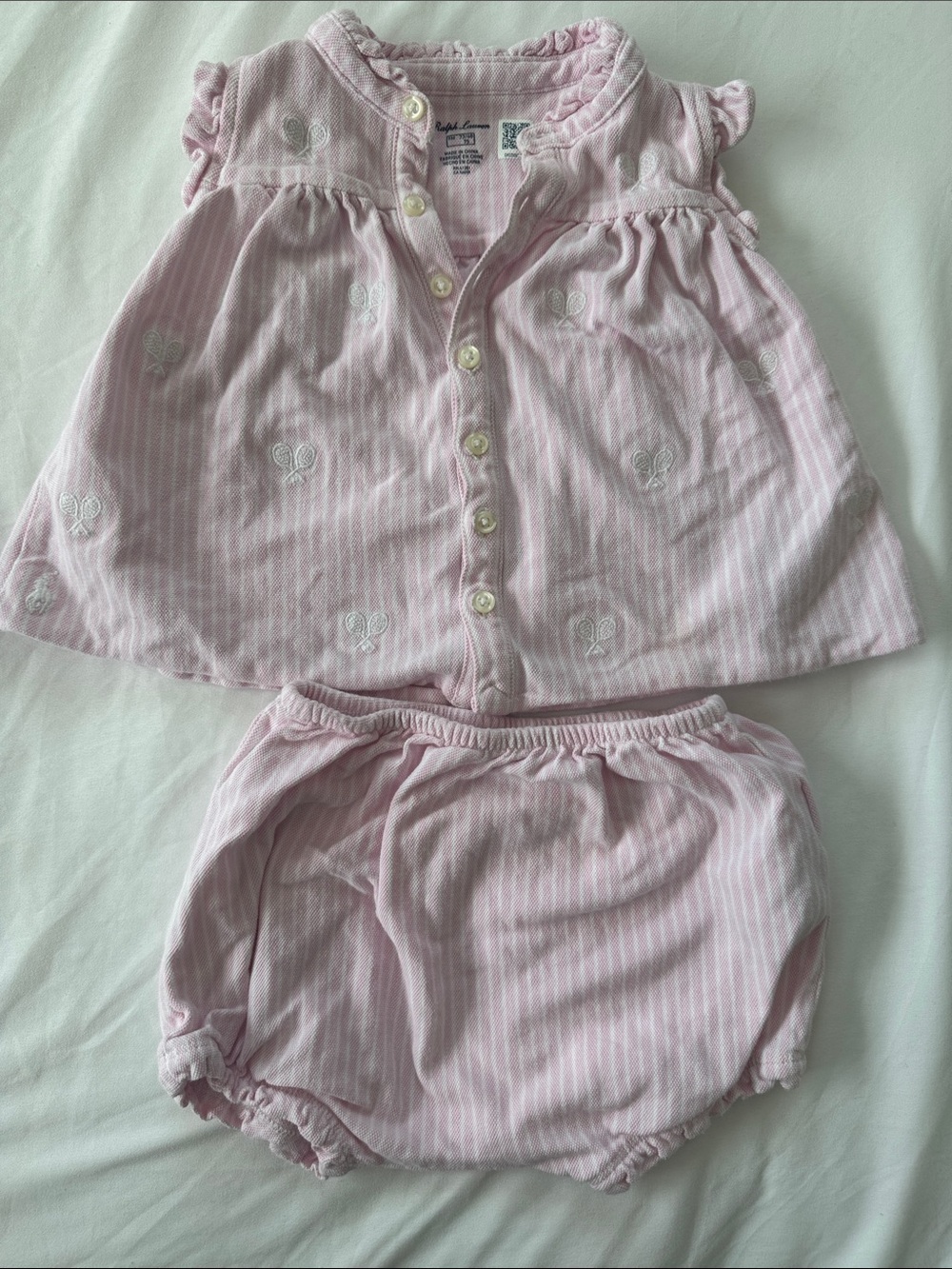 Ralph Lauren Baby Girl Pink Tennis Two Piece Striped Button Top & Bottom 9month